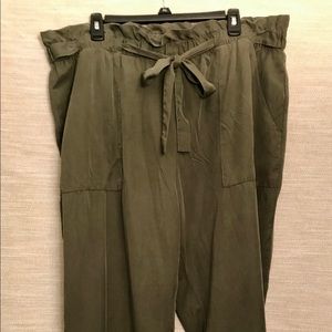 Olive Paper-bag Pants with Belt and Rolled Cuffs